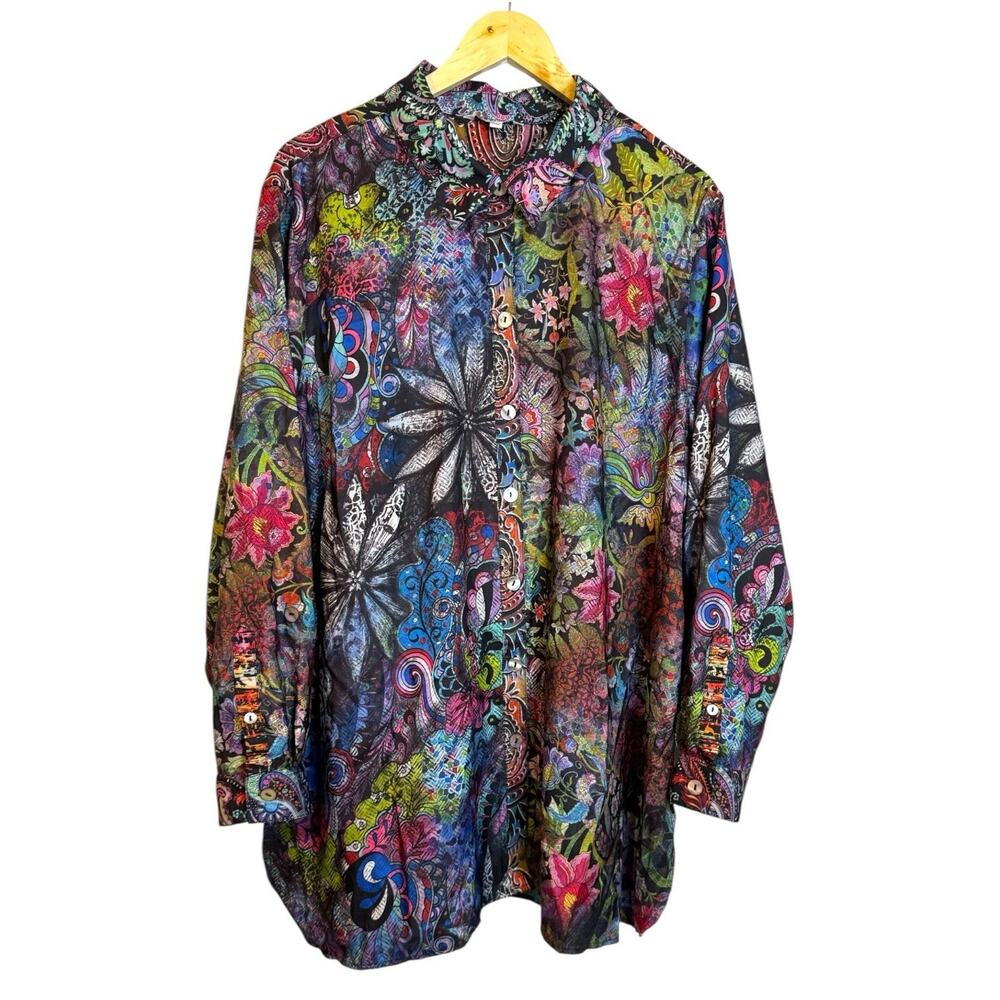 John Mark Colorful Art To Wear Floral Satin Tunic Blouse Button Front 2XL